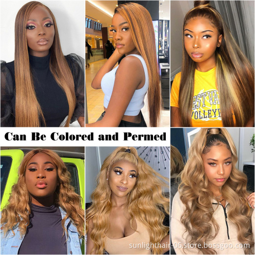 Highlight Wig Honey Brown Ombre Human Hair Wigs For Black Women 13X4 Straight Lace Front Transparent HD Lace Frontal Wigs